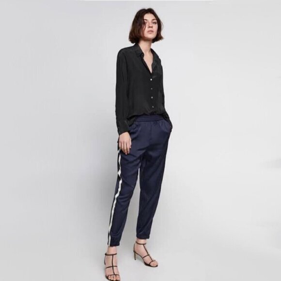 EUC Zara navy blue satin-like jogger trackpants with racer stripes, S - Picture 1 of 10